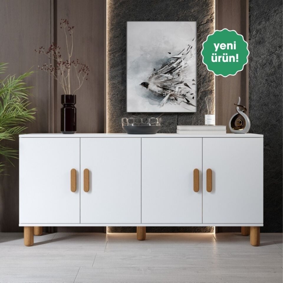 Bohem Serisi Riva Modern 160 cm 4 Kapaklı Salon Konsolu - Beyaz