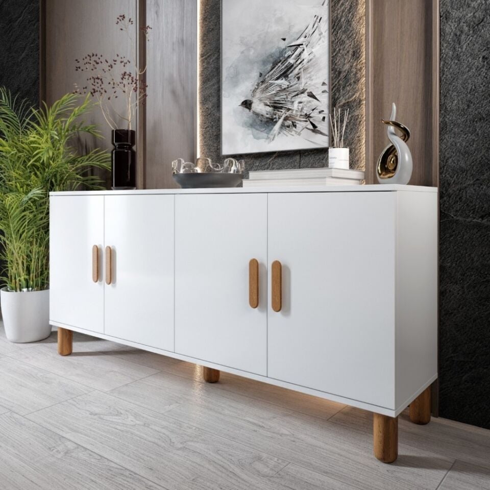 Bohem Serisi Riva Modern 160 cm 4 Kapaklı Salon Konsolu - Beyaz