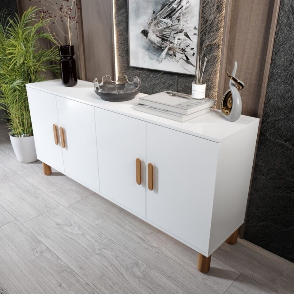 Bohem Serisi Riva Modern 160 cm 4 Kapaklı Salon Konsolu - Beyaz