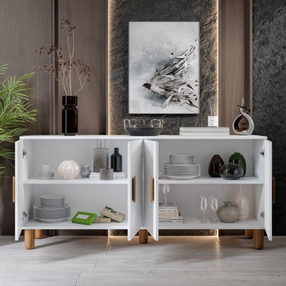 Bohem Serisi Riva Modern 160 cm 4 Kapaklı Salon Konsolu - Beyaz