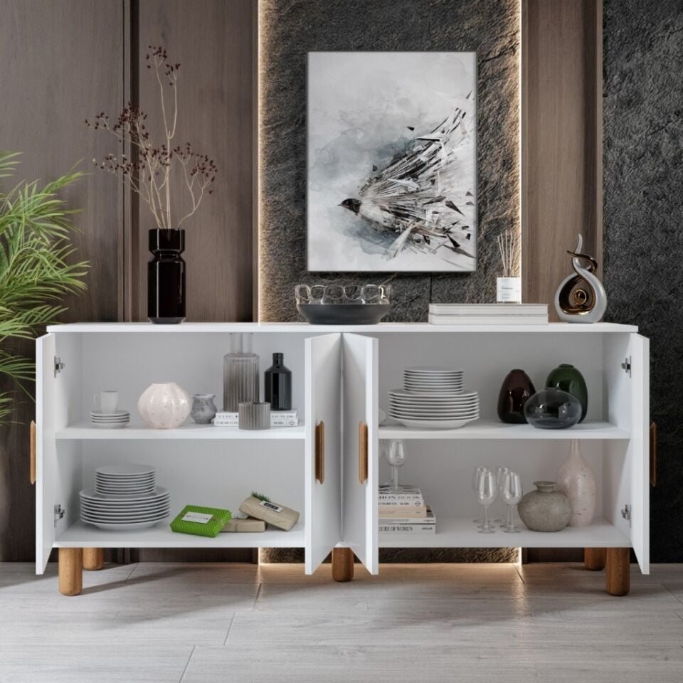 Bohem Serisi Riva Modern 160 cm 4 Kapaklı Salon Konsolu - Beyaz