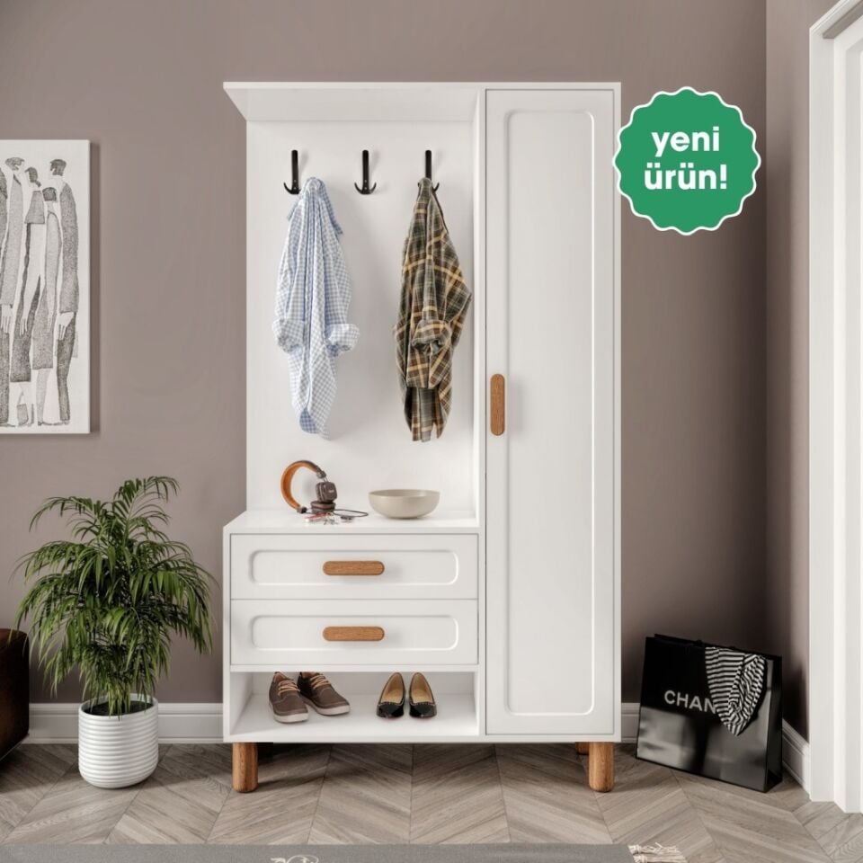 Flora Portmanto 2 Çekmeceli 8 Bölmeli MDF Membran Kapaklı Metal Ayaklı Vestiyer - Beyaz