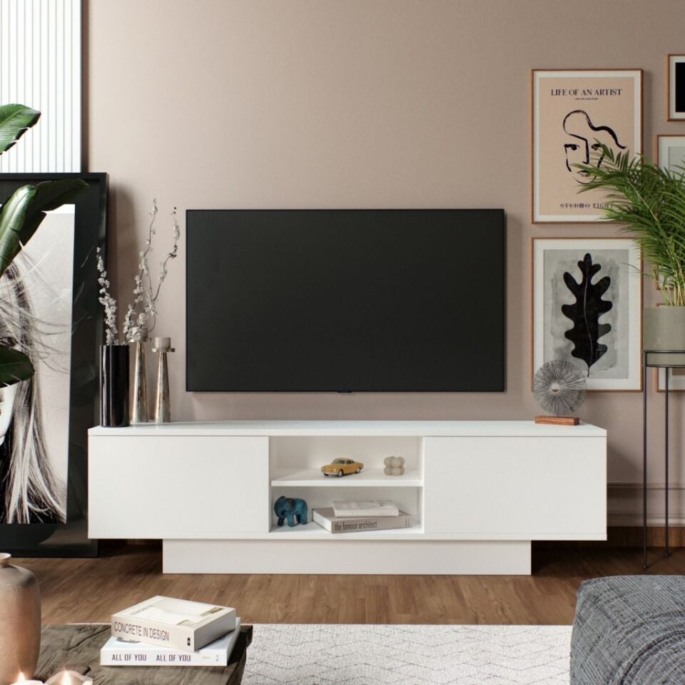 Verona Modern 2 Kapaklı Raflı TV Ünitesi TV Sehpası 180 cm Beyaz