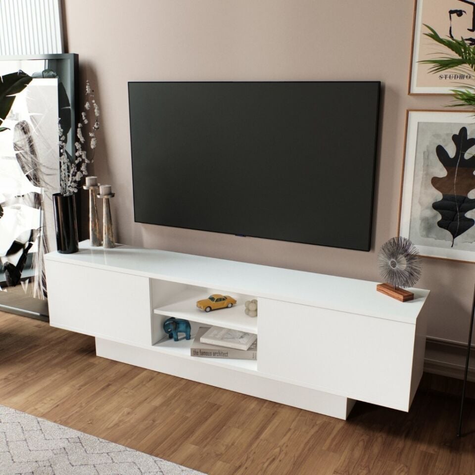 Verona Modern 2 Kapaklı Raflı TV Ünitesi TV Sehpası 180 cm Beyaz