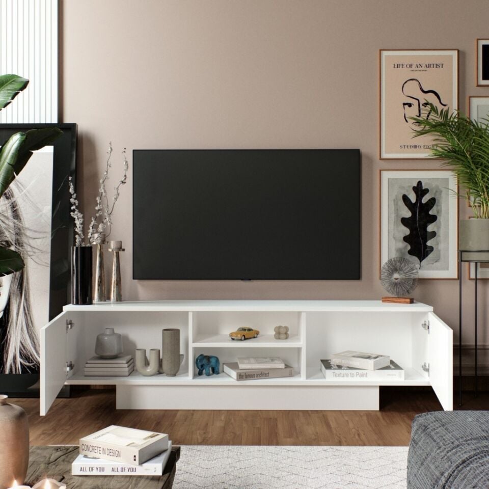 Verona Modern 2 Kapaklı Raflı TV Ünitesi TV Sehpası 180 cm Beyaz