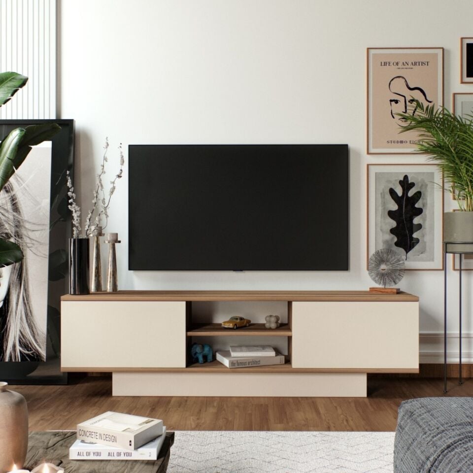 Verona Modern 2 Kapaklı Raflı TV Ünitesi TV Sehpası 180 cm Ceviz-Aytaşı