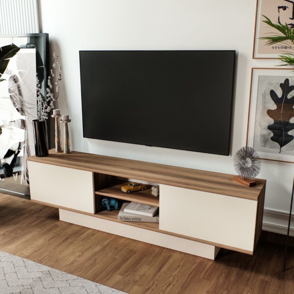Verona Modern 2 Kapaklı Raflı TV Ünitesi TV Sehpası 180 cm Ceviz-Aytaşı