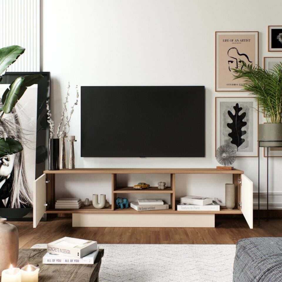 Verona Modern 2 Kapaklı Raflı TV Ünitesi TV Sehpası 180 cm Ceviz-Aytaşı