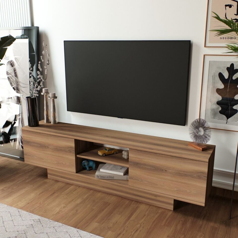 Verona Modern 2 Kapaklı Raflı TV Ünitesi TV Sehpası 180 cm Ceviz