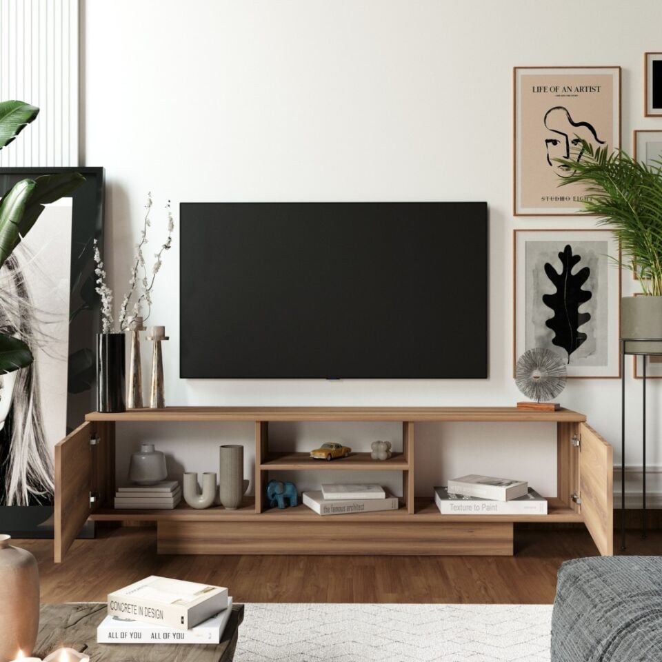 Verona Modern 2 Kapaklı Raflı TV Ünitesi TV Sehpası 180 cm Ceviz